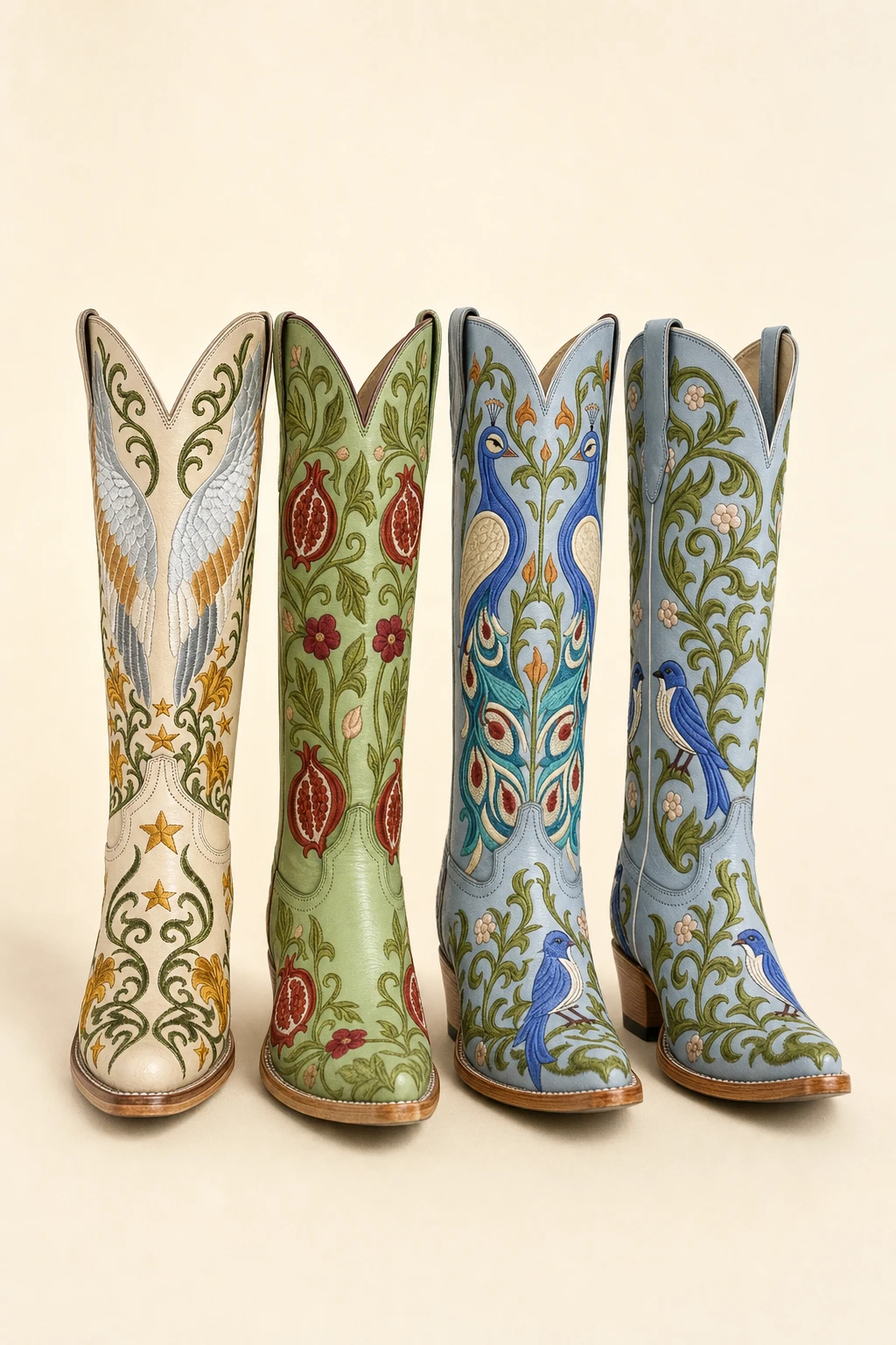 Embroidered Honeythorn boots in ivory, green, and blue